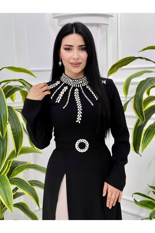 Pilise Detay Taşlı Krep Elbise 3799 Siyah