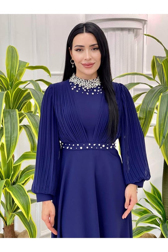 Pilise Kol İncili Elbise 3793 Saks