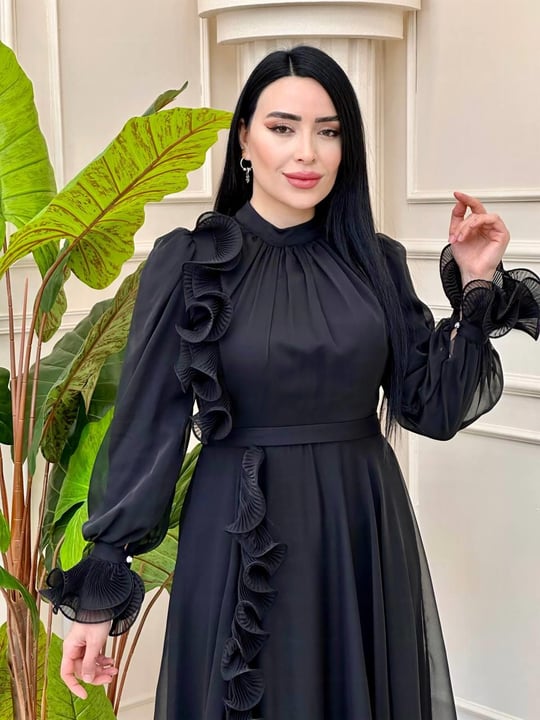Pilise Volan Şifon Elbise 4857 t-24 Siyah