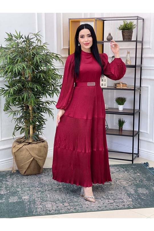 Piliseli Saten Elbise 3621 Bordo