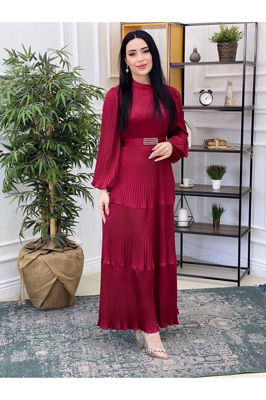 Piliseli Saten Elbise 3621 Bordo