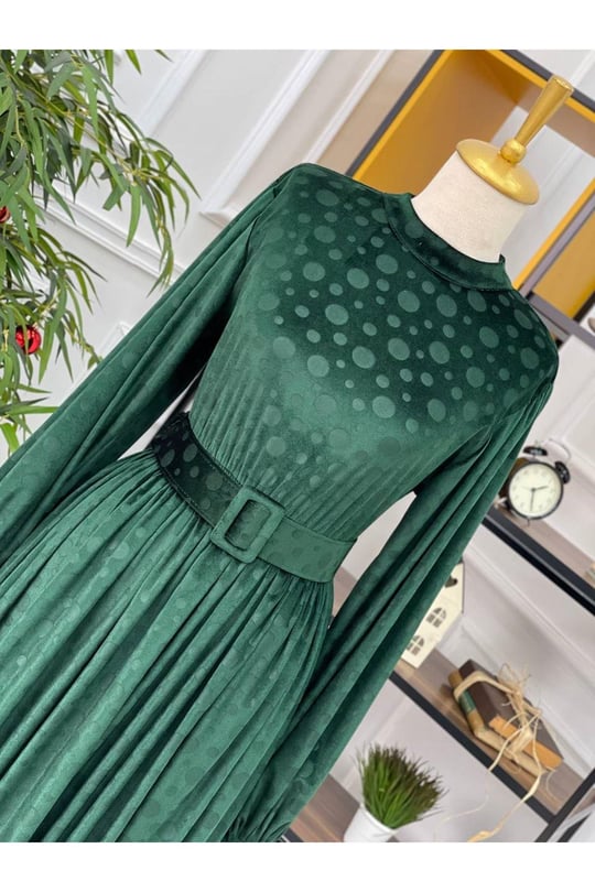 Puantiye Kadife Elbise 1248 Yeşil