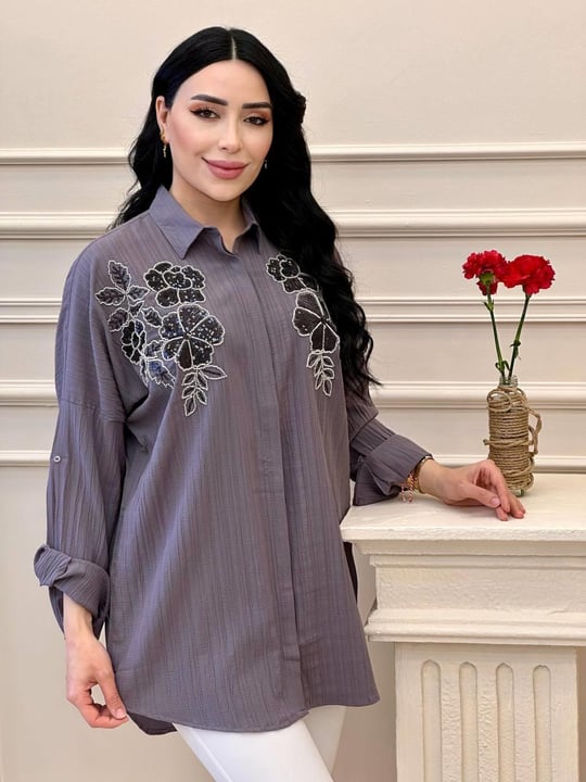 Pul Çiçek İşleme Tunik 4441 t-25 Gri