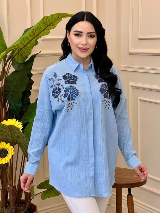 Pul Çiçek İşleme Tunik 4441 t-25 Mavi