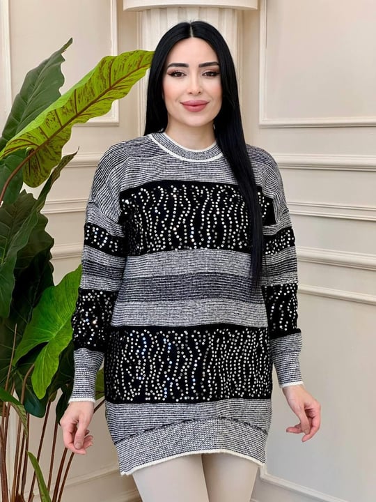 Pullu Çizğili Oversize Tunik 7592 t-24 Siyah