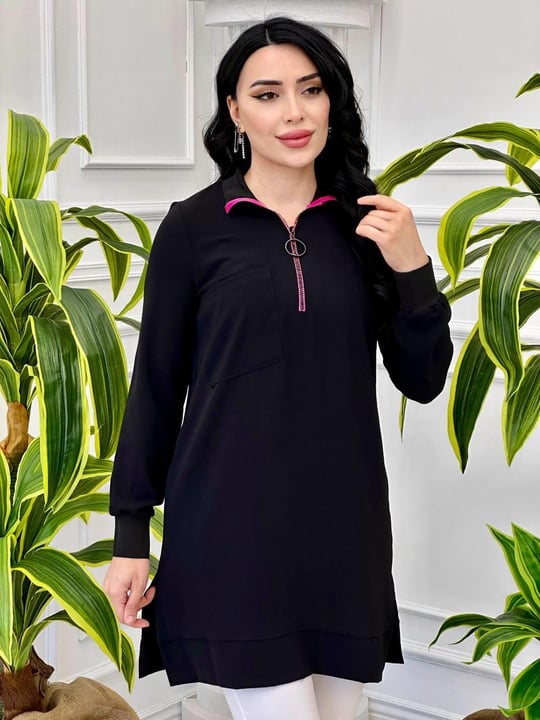 Renk Şerit Fermuar Tunik 10246 Siyah
