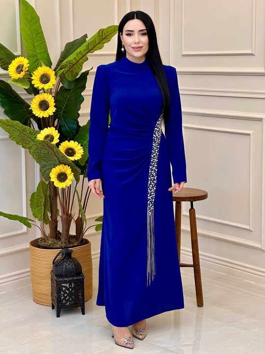 Saçak Taş İşleme Drape Elbise 2108 e025 Saks