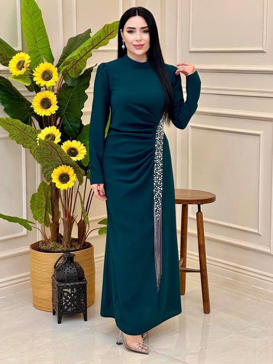 Saçak Taş İşleme Drape Elbise 2108 e025 Zümrüt Yeşil