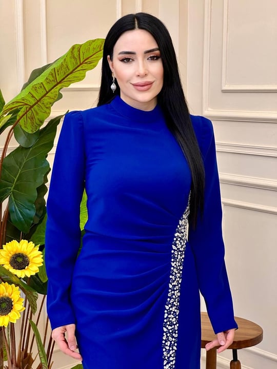 Saçak Taş İşleme Drape Elbise 2108 e025 Saks
