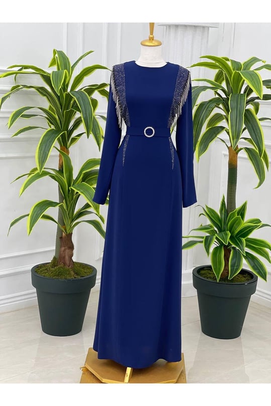 Saçak Taşlı Elbise 5101 Saks