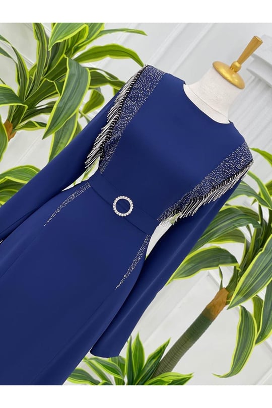Saçak Taşlı Elbise 5101 Saks