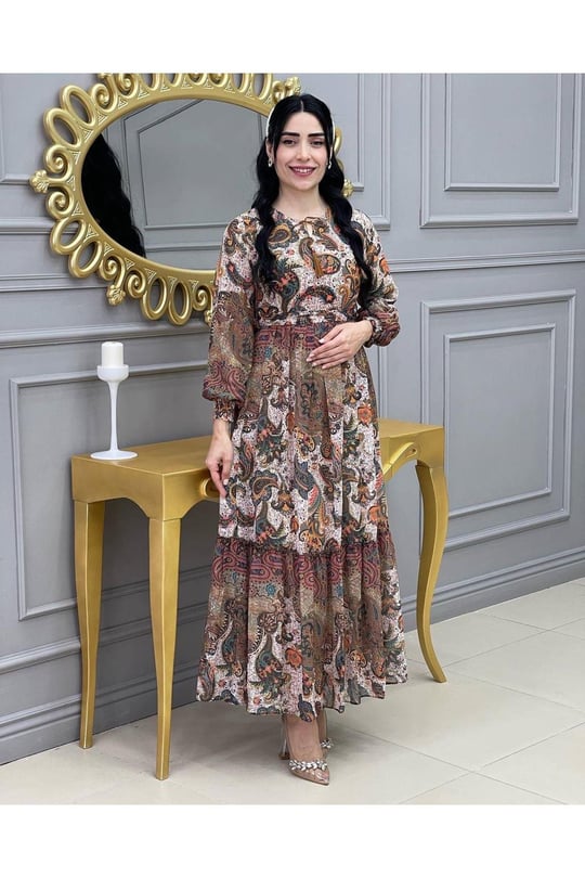 Şal Desen Elbise 215 Bej