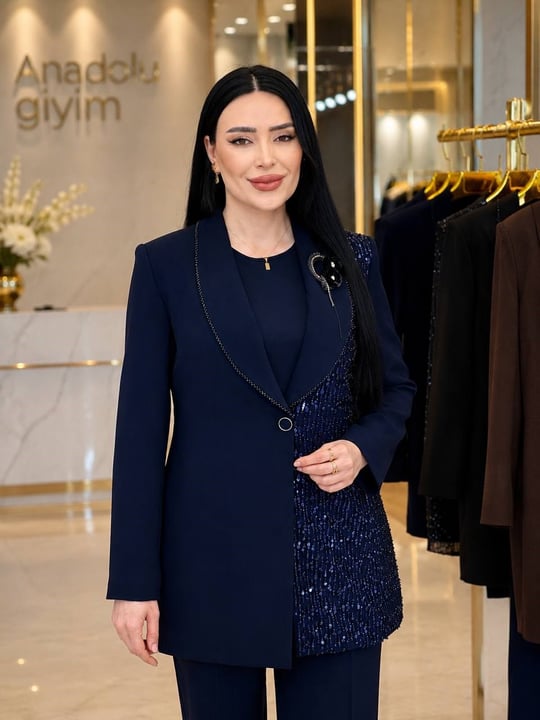 Şal Yaka Tek Taraf İşleme Üçlü Takım 5032 T-26 Lacivert