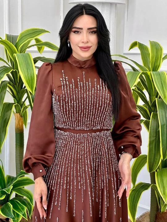 Saten Taşlı Abiye 4646 t-24 Kahverengi