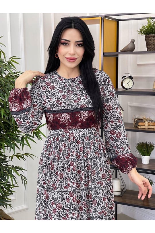 Şerit Detay Şifon Elbise 3370 Bordo