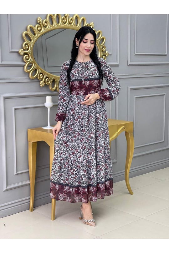 Şerit Detay Şifon Elbise 3370 Rose