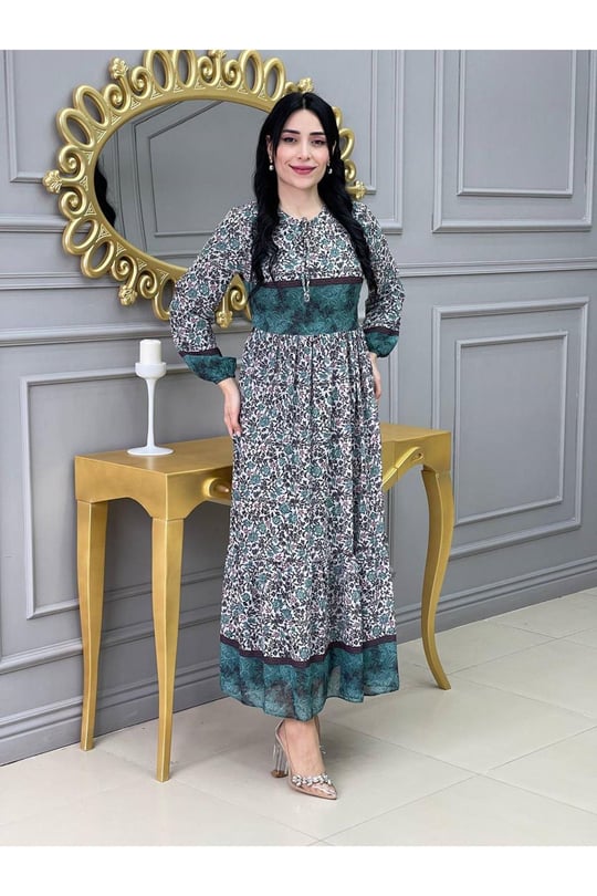 Şerit Detay Şifon Elbise 3370 Yeşil