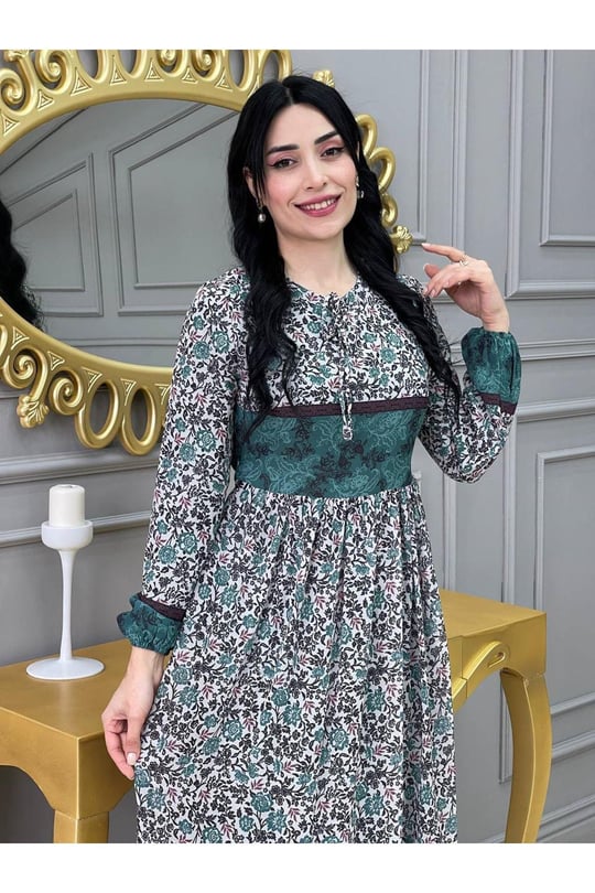 Şerit Detay Şifon Elbise 3370 Yeşil