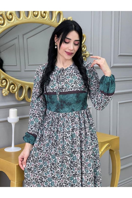 Şerit Detay Şifon Elbise 3370 Yeşil