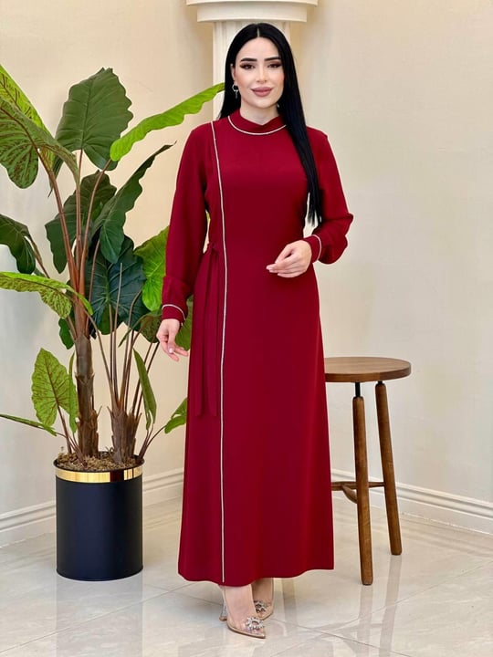 Şerit Taş Bağlama Elbise 791 T-25 Bordo