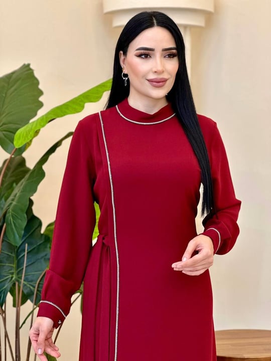 Şerit Taş Bağlama Elbise 791 T-25 Bordo