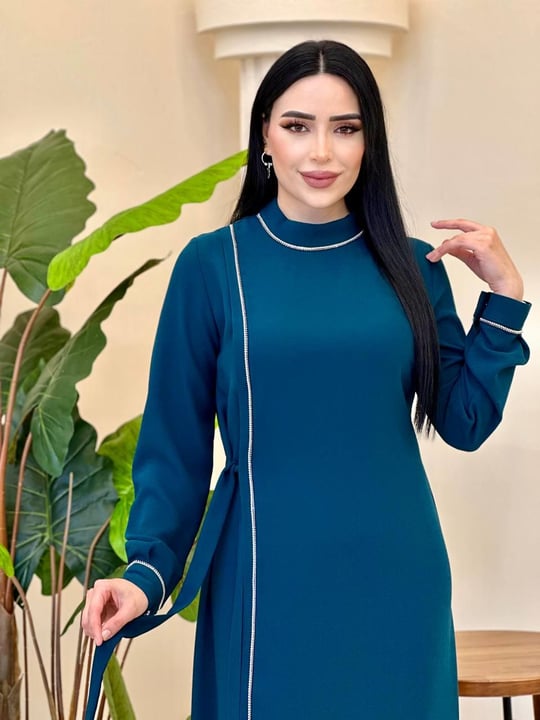 Şerit Taş Bağlama Elbise 791 T-25 Zümrüt Yeşil