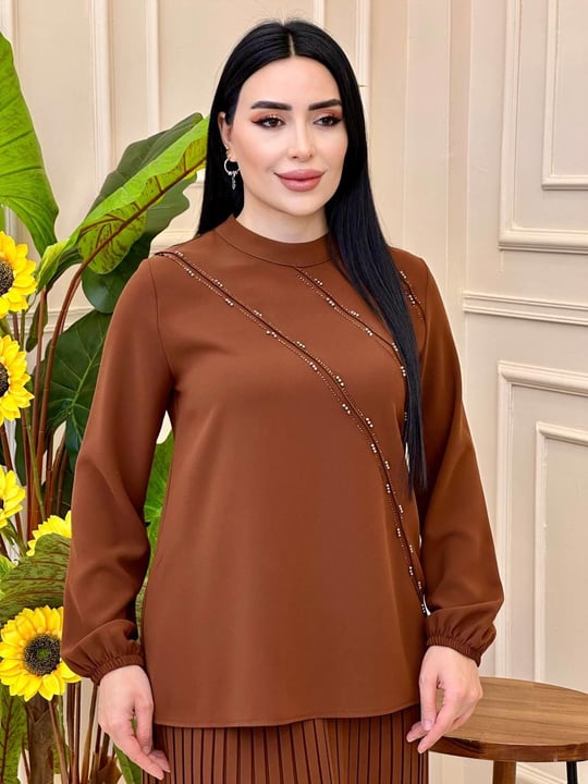 Şerit Taş İşleme Etekli Takım 1382 T025 Kahverengi