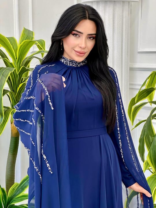 Şerit Taş Pelerinli Şifon Abiye 4738 T-24 Lacivert