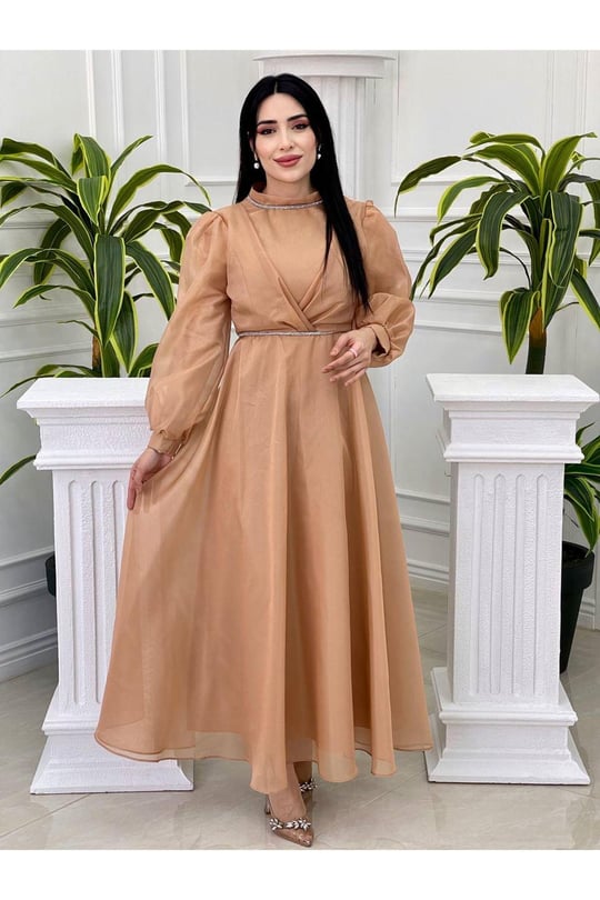 Şerit Taş Tül Elbise 4327 Gold