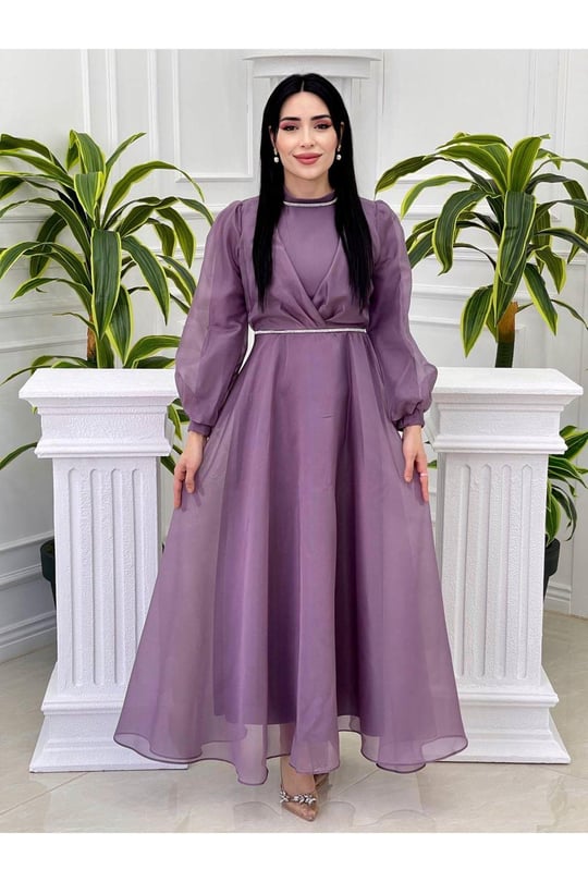 Şerit Taş Tül Elbise 4327 Leylak