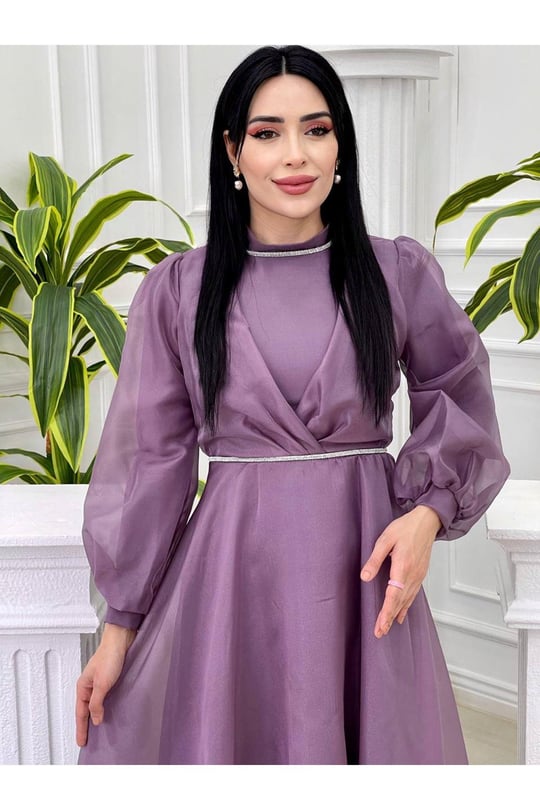Şerit Taş Tül Elbise 4327 Leylak