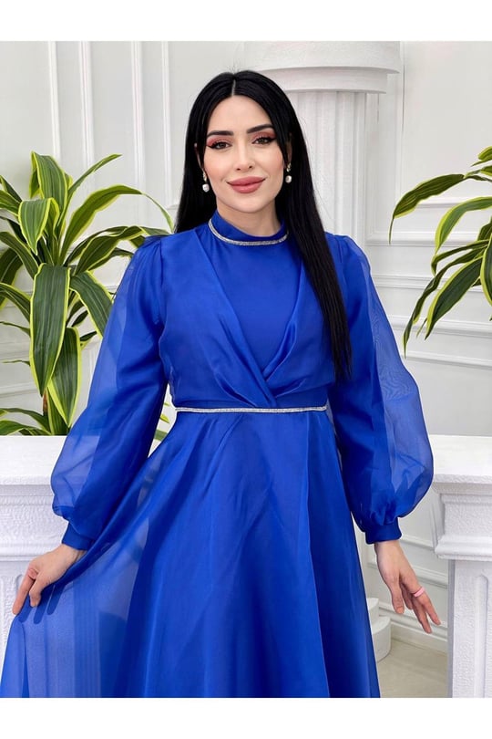 Şerit Taş Tül Elbise 4327 Saks