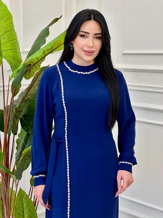 Şerit Taş Yan Bağlama Krep Elbise 1005 e-25 Saks