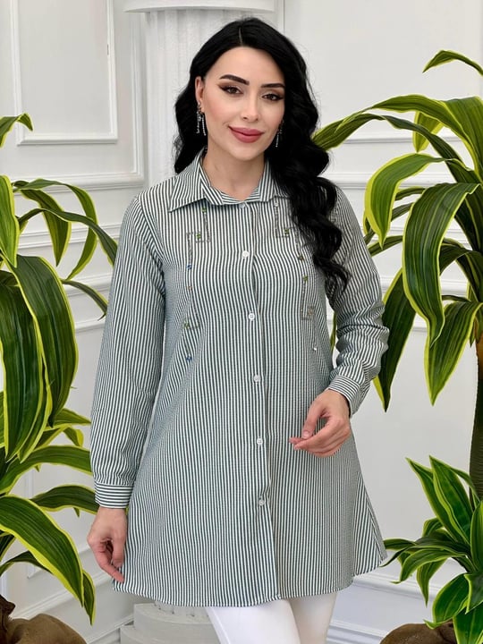 Şerit Taşlı Çizgili Gömlek 5054 T-24 Yeşil