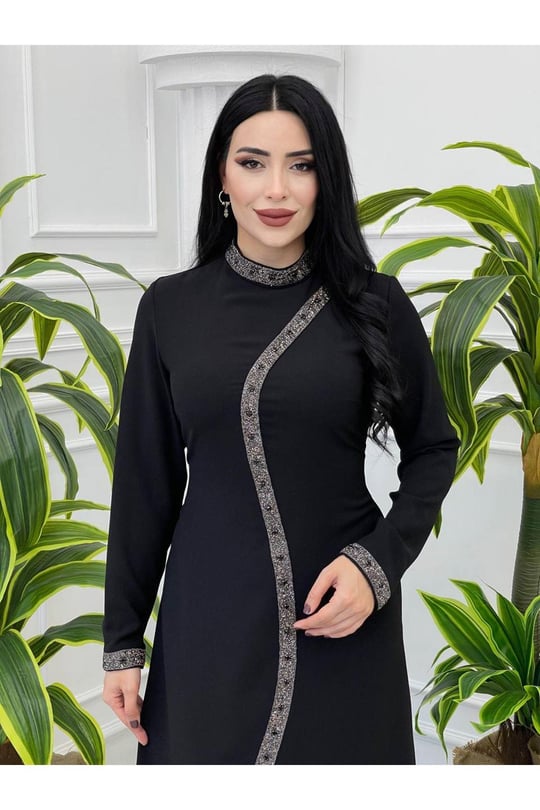 Şerit Taşlı Elbise 2087 Siyah