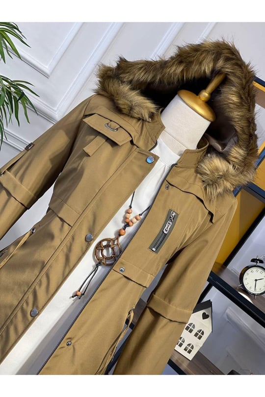 Şeritli Parka Kaban 4222 Camel