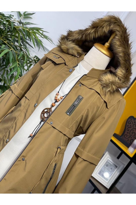 Şeritli Parka Kaban 4222 Camel