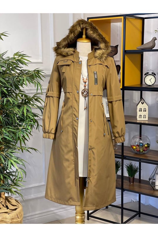 Şeritli Parka Kaban 4222 Camel
