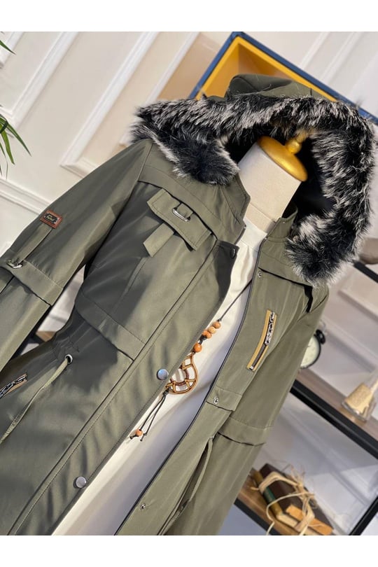 Şeritli Parka Kaban 4222 Haki
