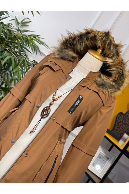 Şeritli Parka Kaban 4222 Taba