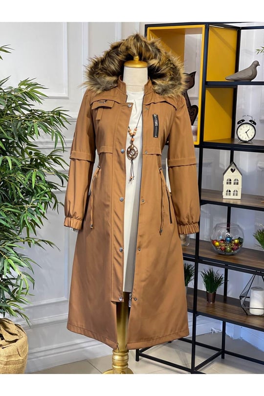 Şeritli Parka Kaban 4222 Taba