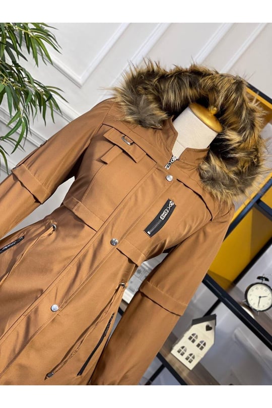 Şeritli Parka Kaban 4222 Taba