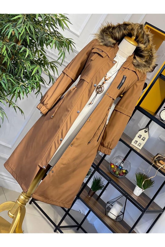 Şeritli Parka Kaban 4222 Taba