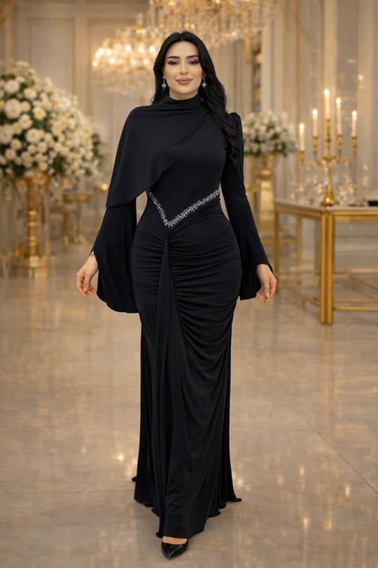Seyyar Boyunluk Eteği Drape Abiye 5499 T-26 Siyah