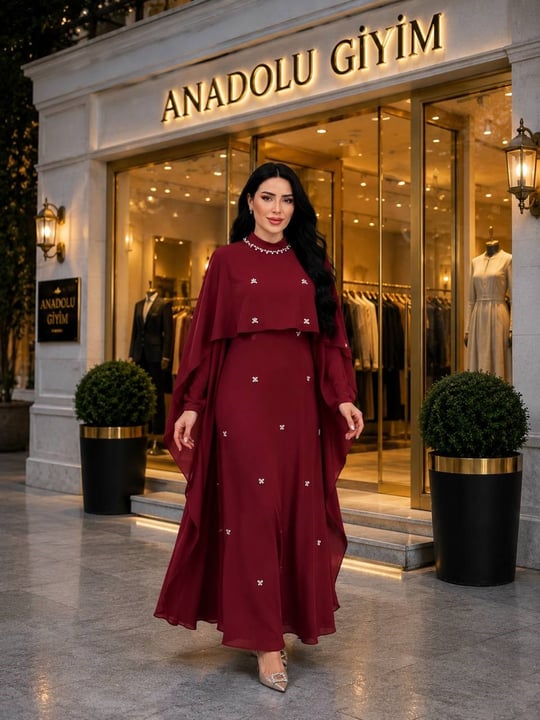 Seyyar Pelerin Taş İşleme Suzanna Elbise 1213 T-26 Bordo
