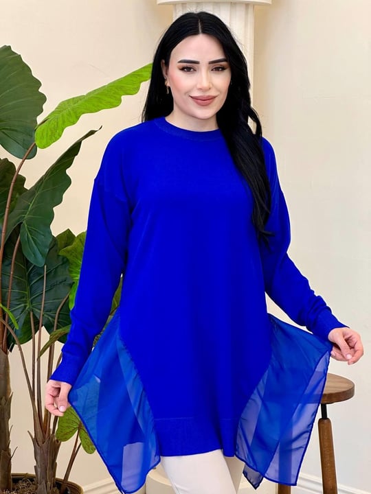 Şifon Detay Bisiklet Yaka Tunik 140185 T-25 Saks