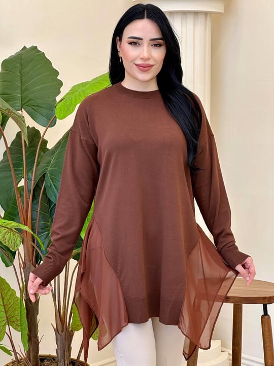 Şifon Detay Bisiklet Yaka Tunik 140185 T-25 Kahverengi