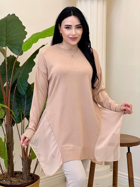 Şifon Detay Bisiklet Yaka Tunik 140185 T-25 Camel
