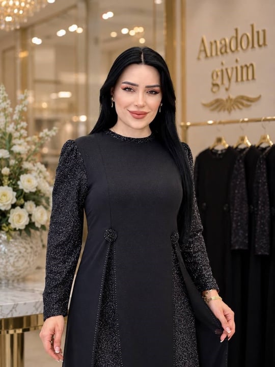 Şifon Detay Çift Yırtmaç Simli Elbise 859 T-26 Siyah