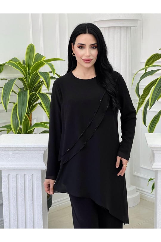 Şifon Detay Tunik Takım 1043 Siyah